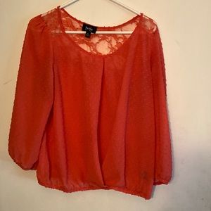 Pretty By & By coral Lace Collar & Raised Dotted Material Plenum blouse sz XL